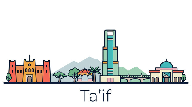 Taif skyline landmarks flat vector illustration with traditional and modern buildings
