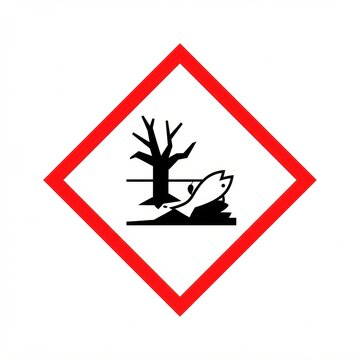 This visual displays a hazard symbol indicating risks to environmental health featuring elements like a tree and fish within a red diamond shape