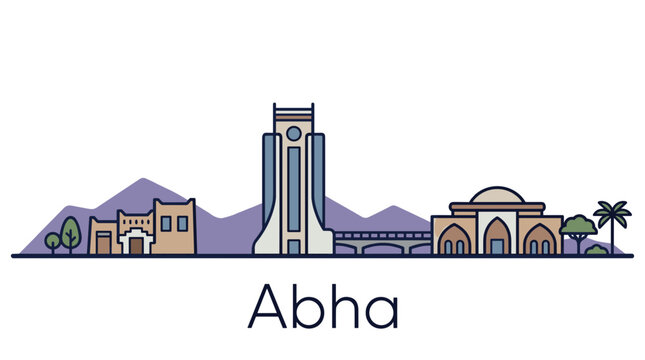Abha Saudi Arabia skyline landmarks minimalist vector illustration