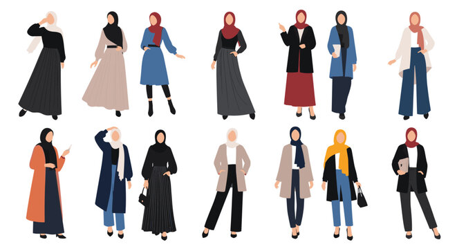 Collection of women wearing diverse and stylish modest outfits including hijabs, long skirts, and modern Islamic clothing styles.