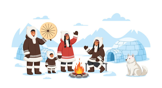 Inuit family dressed in traditional warm parkas standing near igloos with a campfire and a white sled dog in a snowy arctic landscape.