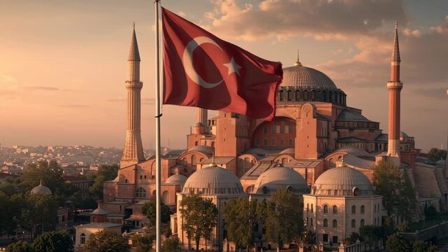 Turkish flag waving at sunset in front of Hagia Sophia in Istanbul Turkey