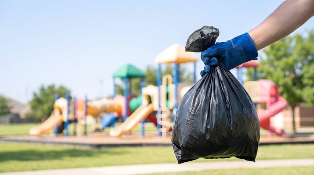 Gloved hand holding black garbage bag in playground park during outdoor cleanup