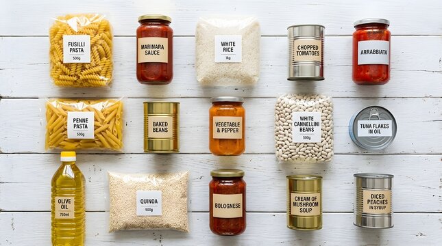 Emergency food supply of non-perishable pantry staples, canned goods and dry pasta on white wood, collection of survival food rations for donation