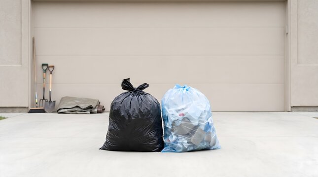 Black trash bag and blue recycling bag placed outside garage for household waste collection