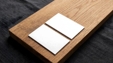 Fototapeta premium Blank white business cards on wooden board with dark fabric background