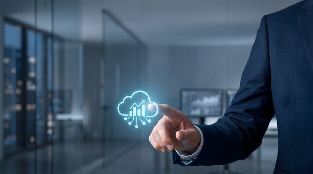 Business professional pressing cloud software icon in modern office technology concept