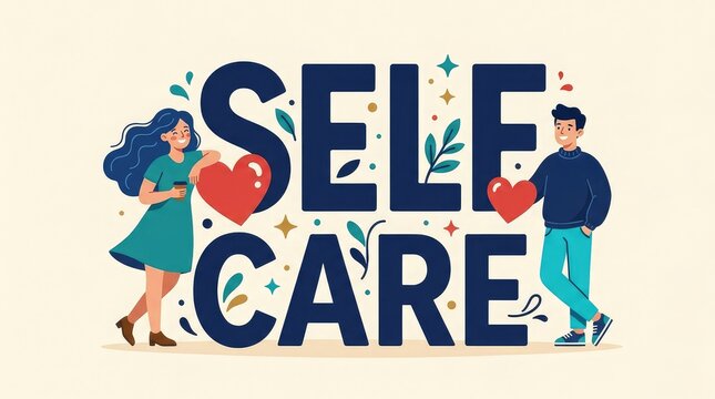 Young couple prioritizing mental health and self care together typography poster flat vector design