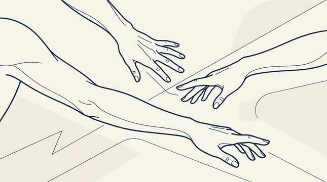 Minimalist line art illustration of human hands reaching towards each other.