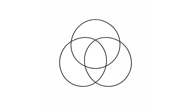 Abstract geometric design of three interlocking circles on a white background, symbolizing connection, unity, intersection, and systems.