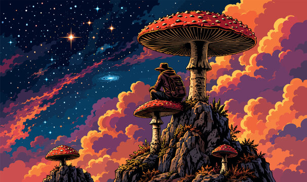 Vibrant vector illustration of a mysterious traveler sitting on a giant fly agaric mushroom overlooking a cosmic galaxy with glowing stars and dramatic orange clouds in a dreamlike world.