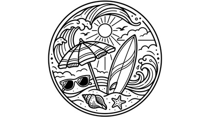 Summer Beach Scene Line Art Illustration - Surfing, Waves, Sun, Umbrella, Sunglasses © kholid