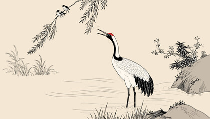 Fototapeta premium Traditional East Asian Ink Wash Painting Vector Illustration of a Red-crowned Crane Standing in a Stream Under Willow Branches with Small Birds, Serene Zen Nature Background for Design Art
