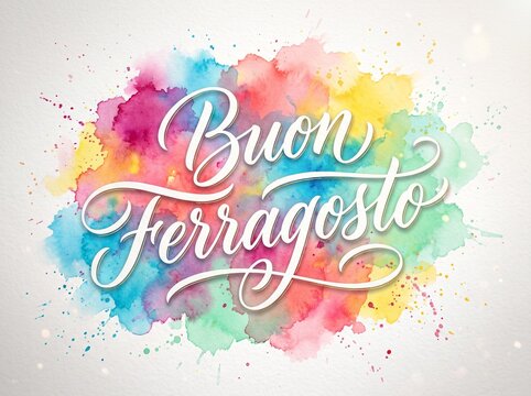 Buon Ferragosto Italian holiday greeting, colorful watercolor splash background, elegant white calligraphy script for summer festival celebration