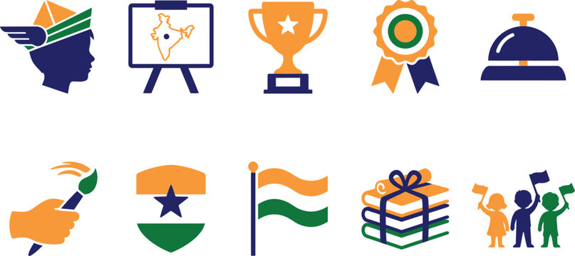 School children patriotic functions vectors series presenting pilot caps drawing boards map outlines trophies rosette ribbon badges desk bells brush