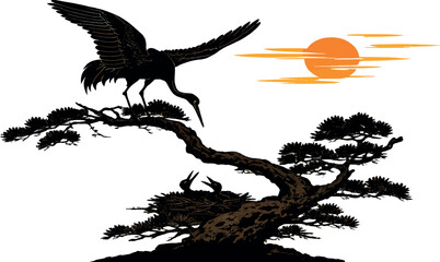 Fototapeta premium Japanese Style Silhouette Illustration of a Crane Bird Feeding Chicks in a Nest on a Pine Tree Branch with Orange Sun Background - Traditional Asian Nature Vector Art Concept