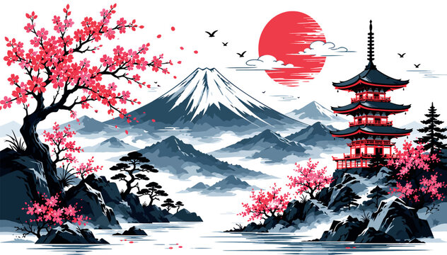 Serene Japanese Landscape Vector Art with Mount Fuji Snow Peak, Traditional Pagoda, Blooming Sakura Cherry Blossoms, and Red Sun. Beautiful Zen Scenery for Cultural and Travel Backgrounds.