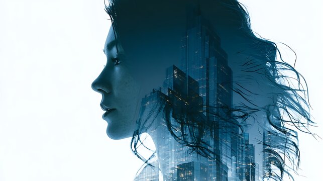 Prompt: A high-contrast fine-art double exposure photograph beautifully merging a high-definition side portrait of a confident woman with the intricate architectural lines of a futuristic glass 