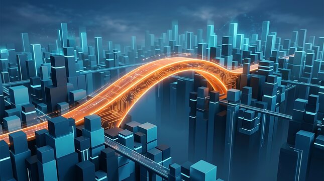A futuristic city landscape featuring a glowing orange circuit board bridge connecting high-rise buildings, representing advanced urban technology