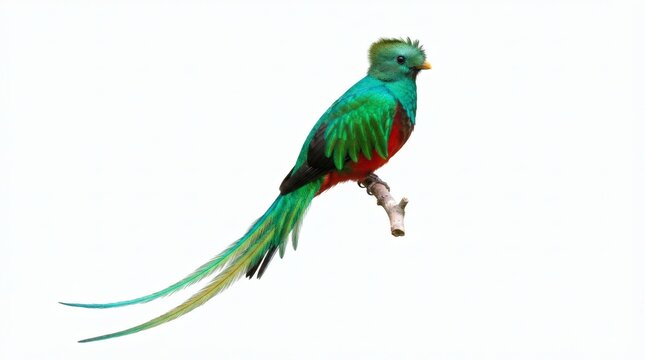 Exotic Resplendent Quetzal bird with vibrant green plumage and long flowing tail feathers isolated on white
