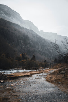 Empty road against mountain during autumn, Ordesa National Park, Huesca, Spain
