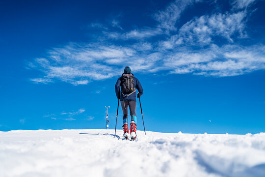 Germany, Bavaria, Brauneck, man on a ski tour in winter in the mountains