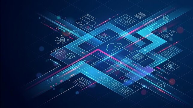 Futuristic abstract digital network background illustrating complex data flow, interconnected technology, cloud computing, and secure global communication for modern systems