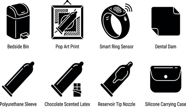 Collection of 8 Sexual Health and Protection Vector Icons Featuring Condoms, Dental Dam, Bedside Bin, Smart Ring Sensor, Pop Art Print, and Carrying Case in Black Glyph Style Graphics.