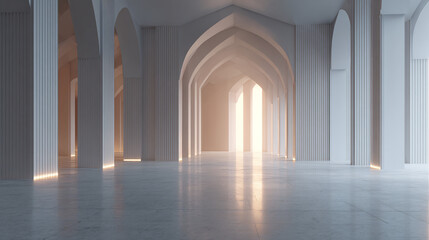 Fototapeta premium Long empty arched hallway with glowing light creating an ethereal atmosphere