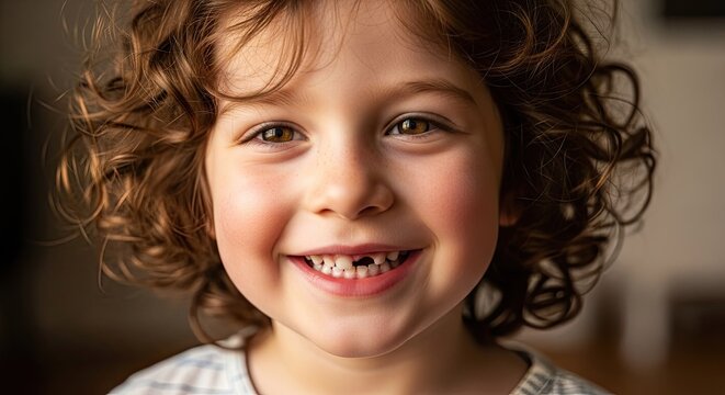 Smiling child with curly brown hair and a missing tooth