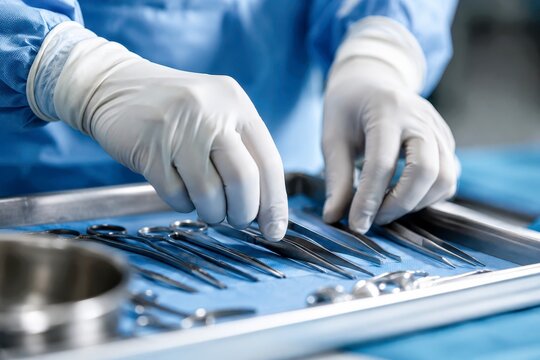Healthcare hospital surgical instrument sterile gloved hand operating room medical tool tray clinic procedure aseptic