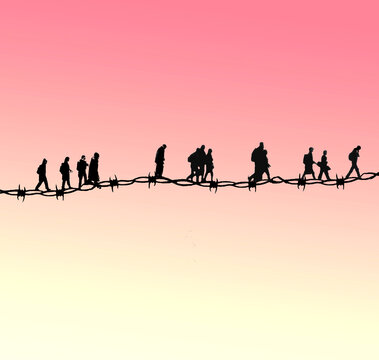 Silhouette walking on barbed wire representing refugee displacement