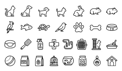Fototapeta premium Domestic Animals Linear Icon Set with Pet Care Outline Symbols Editable Vector Stroke