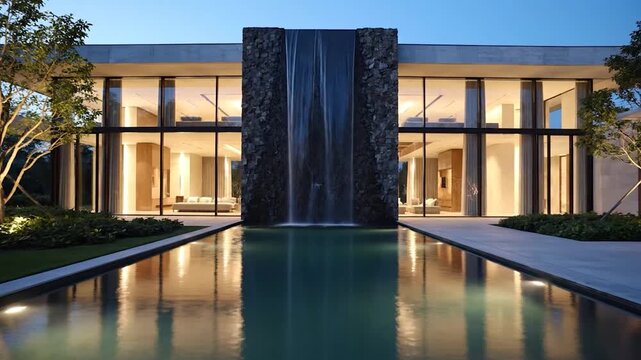 Modern luxury mansion with central waterfall and swimming pool at dusk