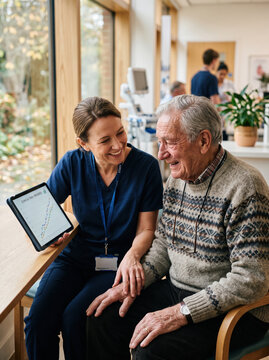 A friendly nurse shows a tablet displaying health data charts to a smiling elderly man seated in a comfortable clinical waiting area.