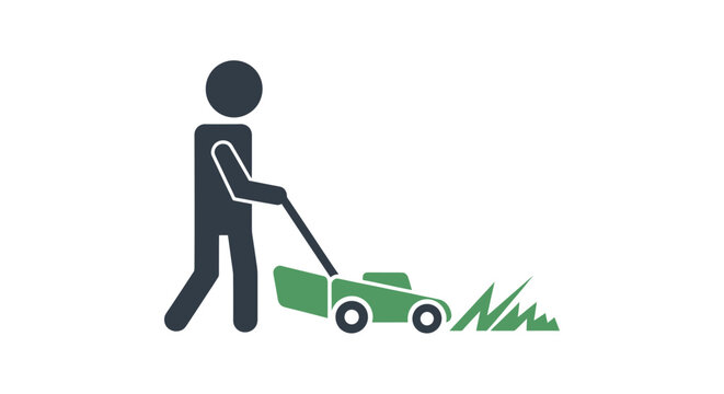 Person mowing lawn with green push mower illustration.