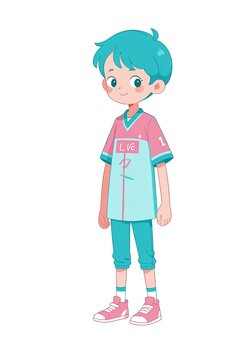 Boy wearing a sports jersey in neon teal and pink colors in the field simple flat illustration as clip art on white background