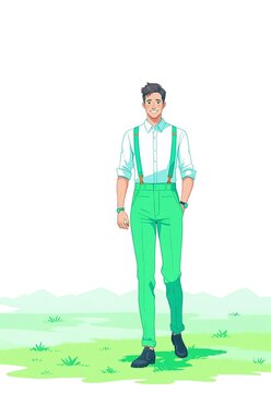 Man wearing suspenders in neon green and aqua colors in the field simple flat illustration as clip art on white background