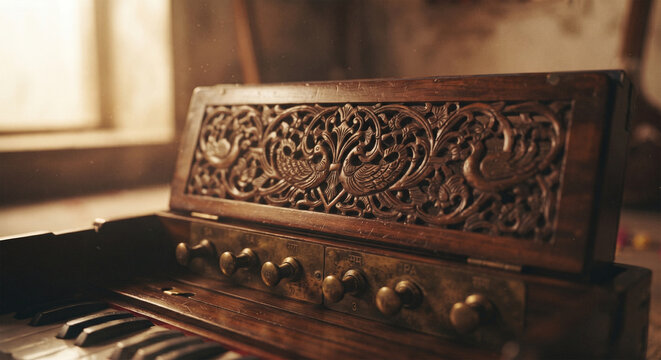 A high-definition, macro photograph of a traditional Indian wooden harmonium, focusing on the intricate, hand-carved fretwork on the front grille 