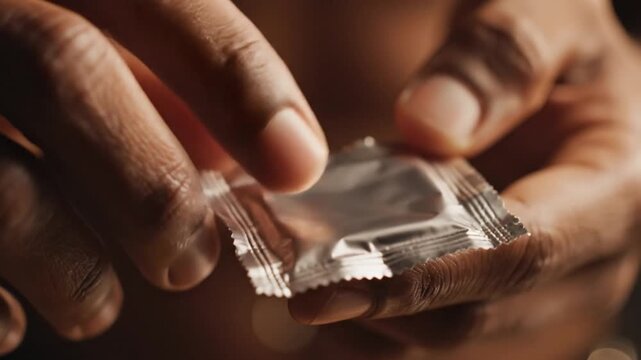 Person holding a condom in foil packaging for safe sex protection