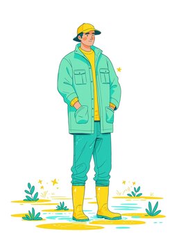 Male fisherman wearing rubber boots in neon aqua and yellow colors in the field simple flat illustration as clip art on white background