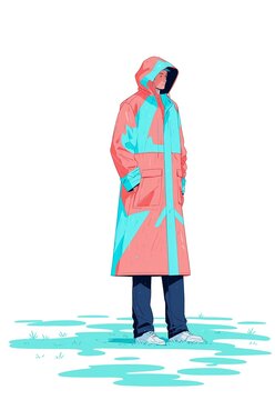 Man wearing a raincoat in neon coral and cyan colors in the field simple flat illustration as clip art on white background