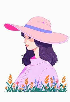 Woman wearing a sun hat in neon pink and violet colors in the field simple flat illustration as clip art on white background