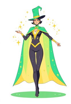 Female magician wearing a sparkling cape in neon yellow and green colors in the field simple flat illustration as clip art on white background