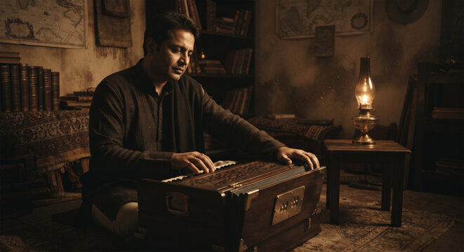 An atmospheric, cinematic portrait of a musician playing a harmonium in a dimly lit, traditional study, with a single, warm light source from a nearby oil lamp casting long, dramatic shadows