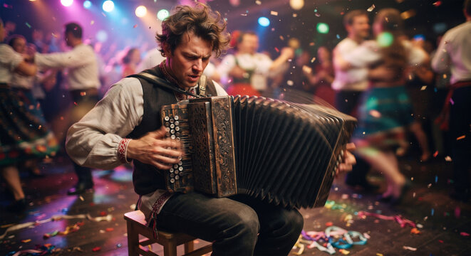 A dynamic action shot of a musician performing in a lively folk dance ensemble, capturing the rapid, blurred motion of the bellows and the energetic movement of their hands across the keyboard