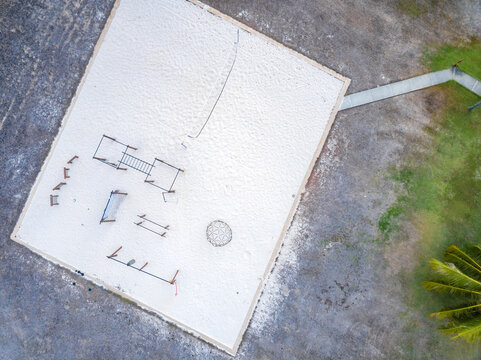 Indonesia, West Sumbawa, Aerial view of Kertasari, sportsfield for beach volleyball at the beach