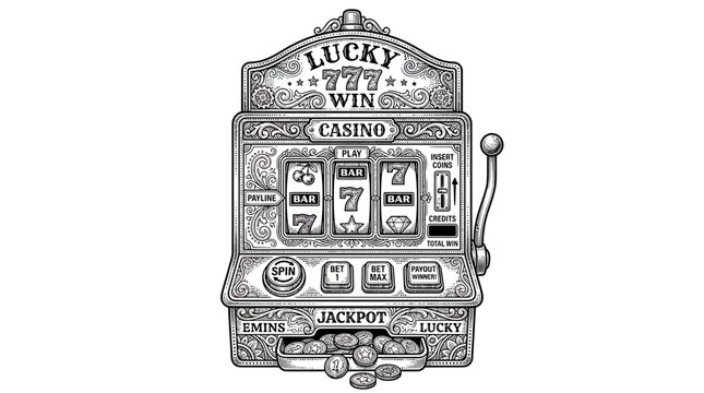Vintage Slot Machine Illustration - Lucky 7s, Jackpot, Casino Win