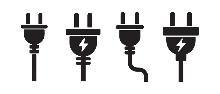 Electric plug icons set. Black power cable symbols for energy and technology design.
