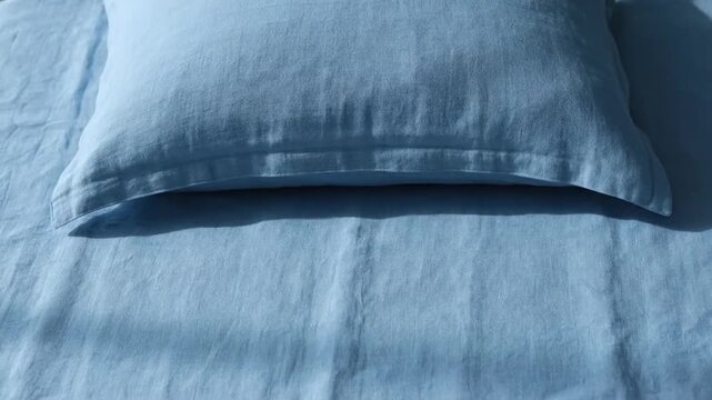 Soft Blue Linen Bedding Set with Pillow on Made Bed in Bedroom